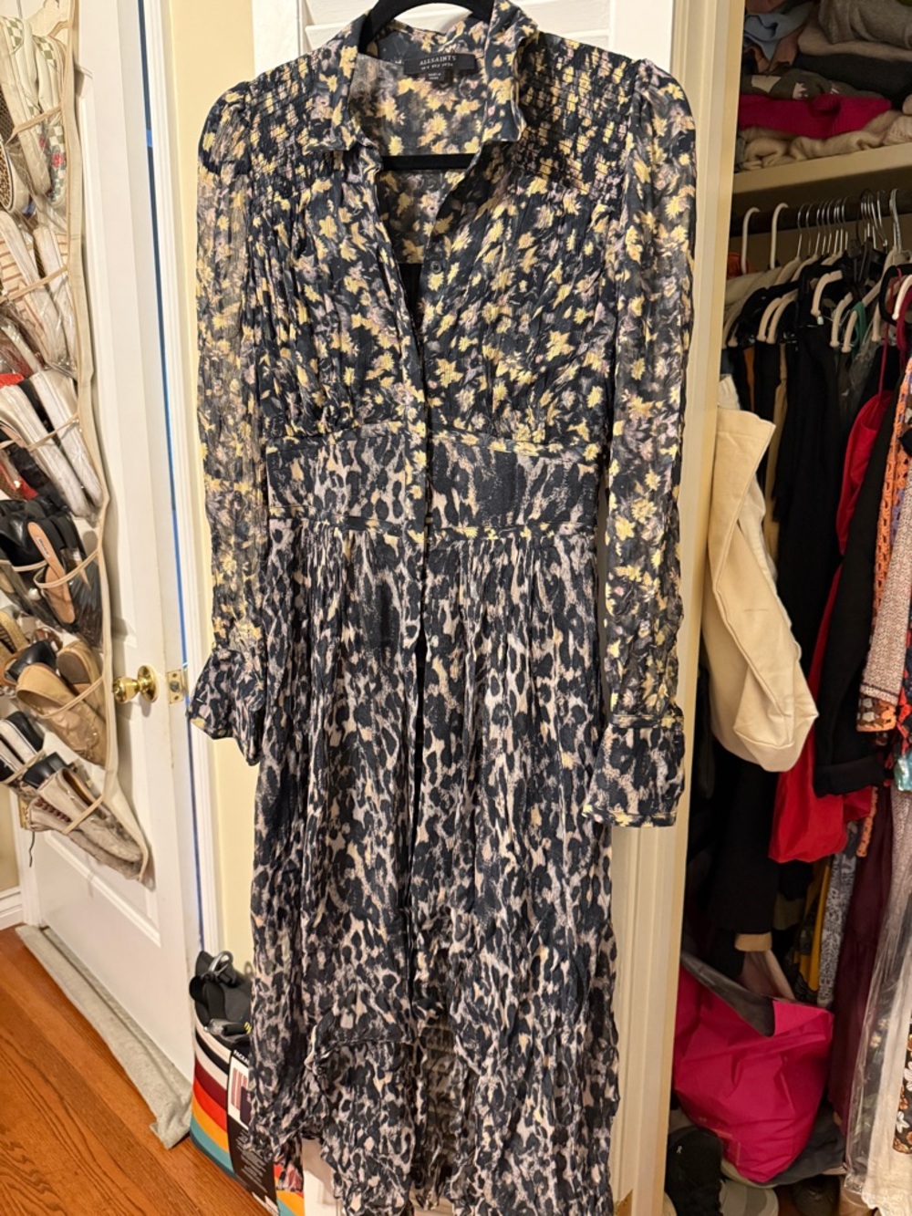 All Saints Black Floral & Animal Print Long Sleeve Midi Dress